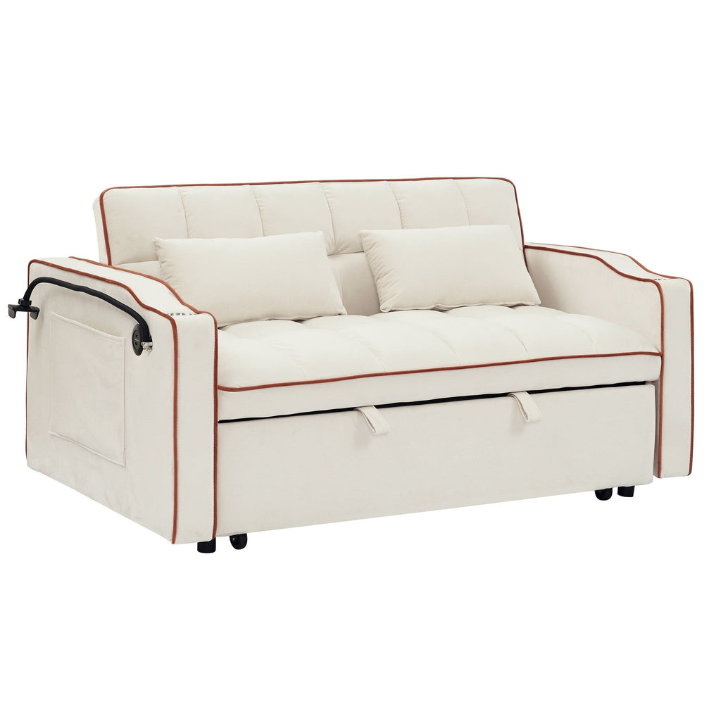 55.5Solid Wood 2-Seat Sofa with USB Charging Ports and Phone Stand,Includes 2 Soft Pillows