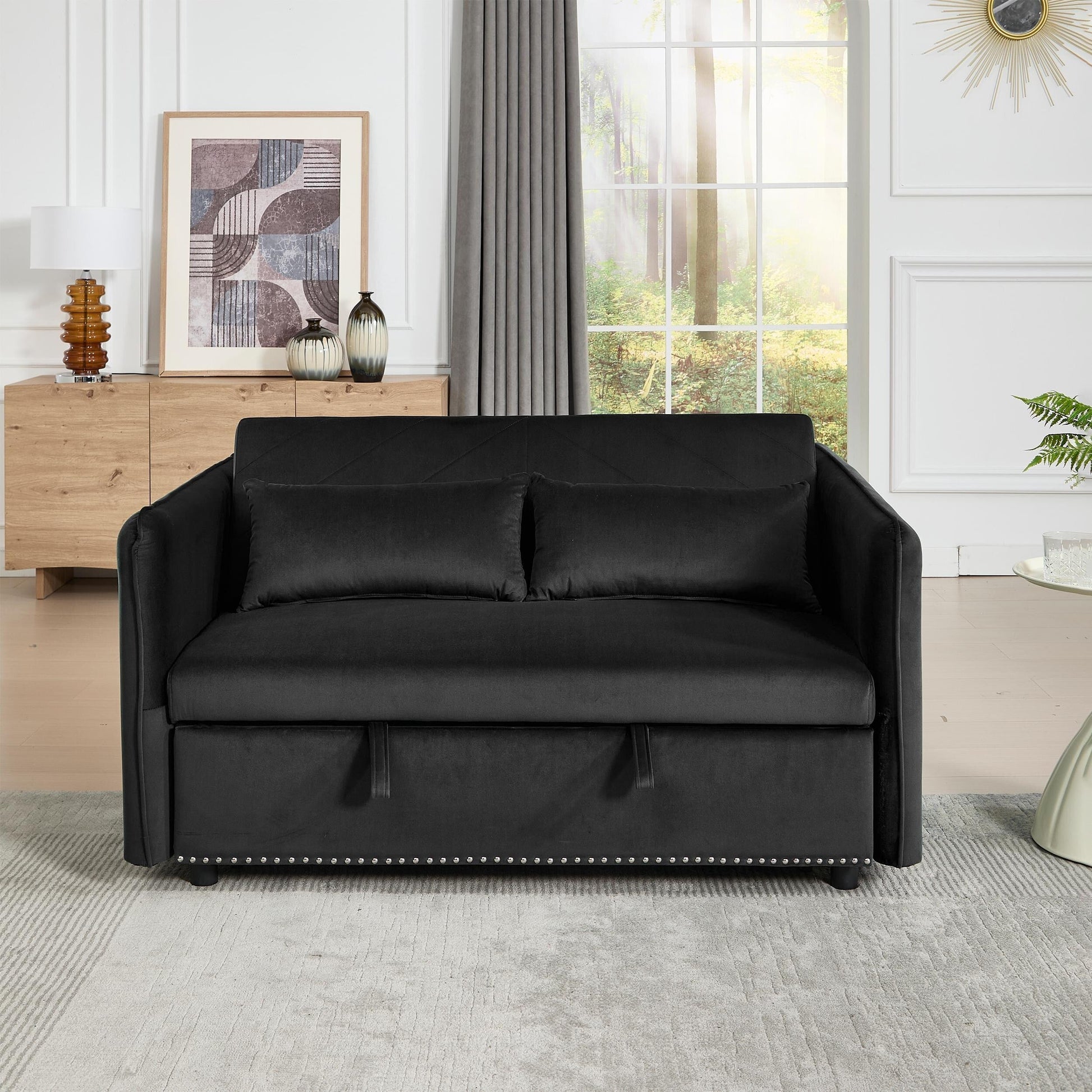 Canapé-lit futon 3-en-1 en velours de 55 pouces avec 2 coussins et poches inclinables