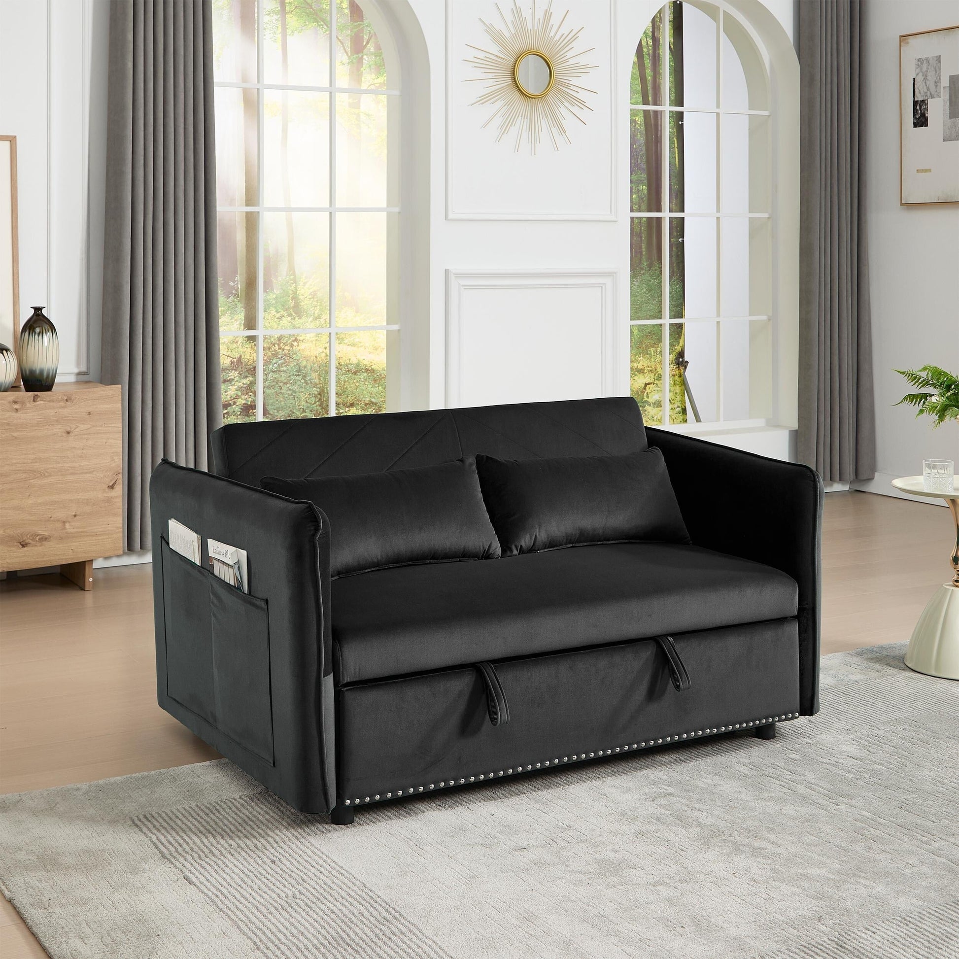 Canapé-lit futon 3-en-1 en velours de 55 pouces avec 2 coussins et poches inclinables