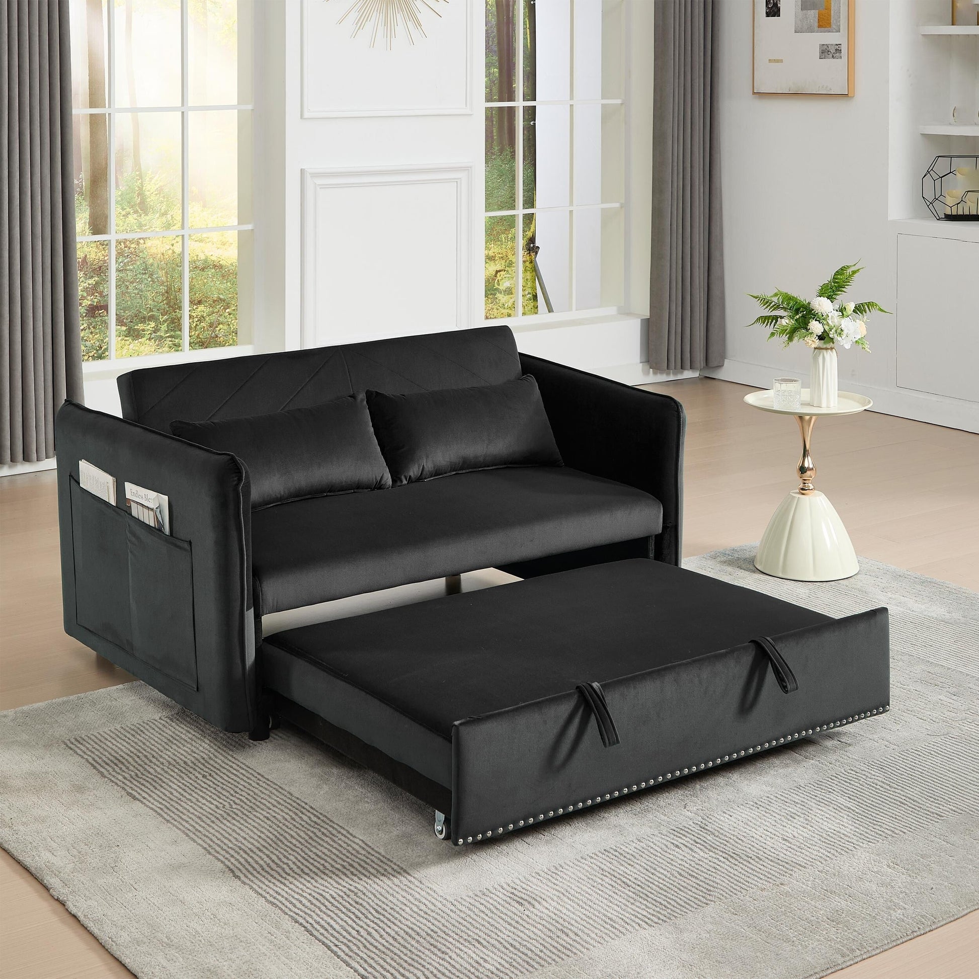 Canapé-lit futon 3-en-1 en velours de 55 pouces avec 2 coussins et poches inclinables