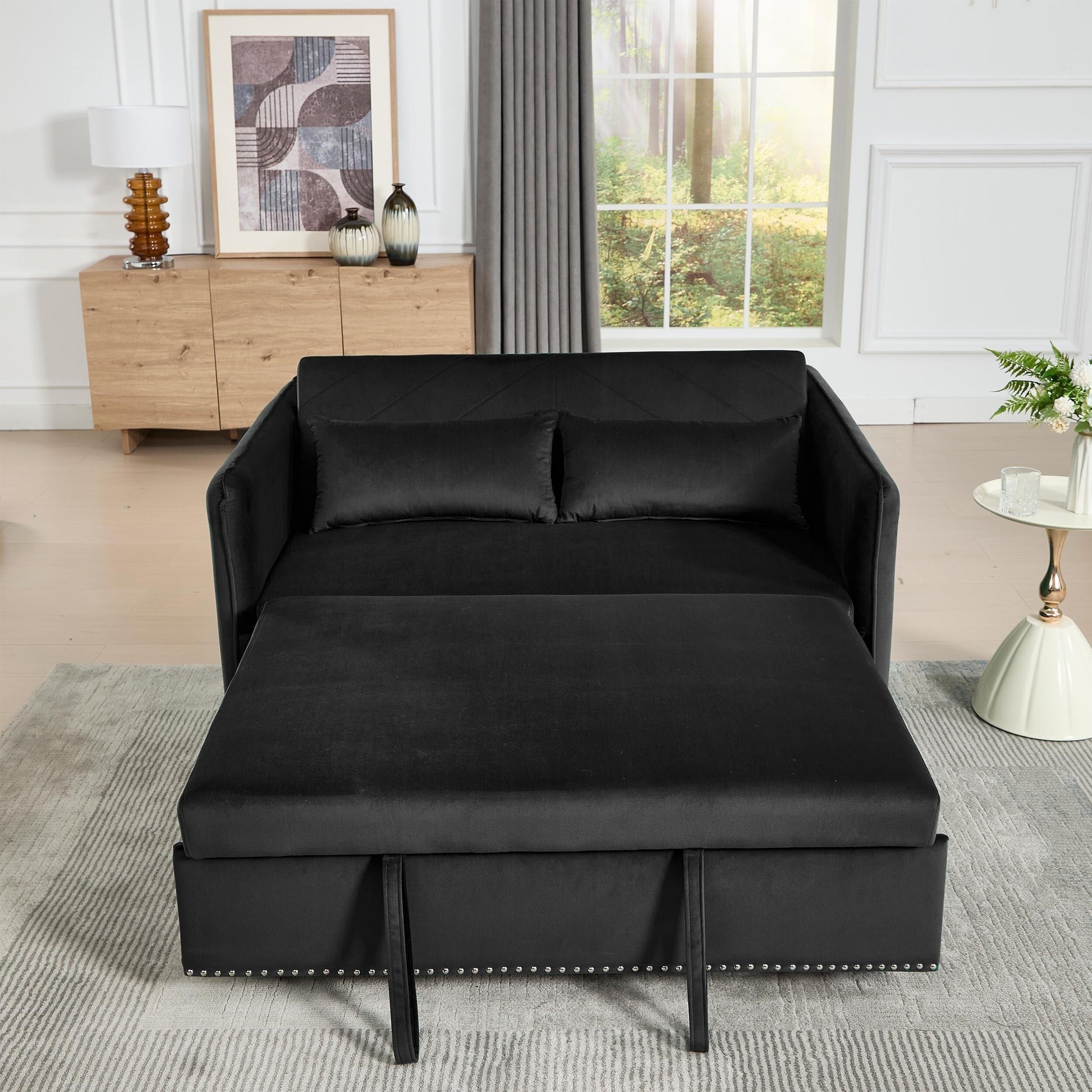 Canapé-lit futon 3-en-1 en velours de 55 pouces avec 2 coussins et poches inclinables