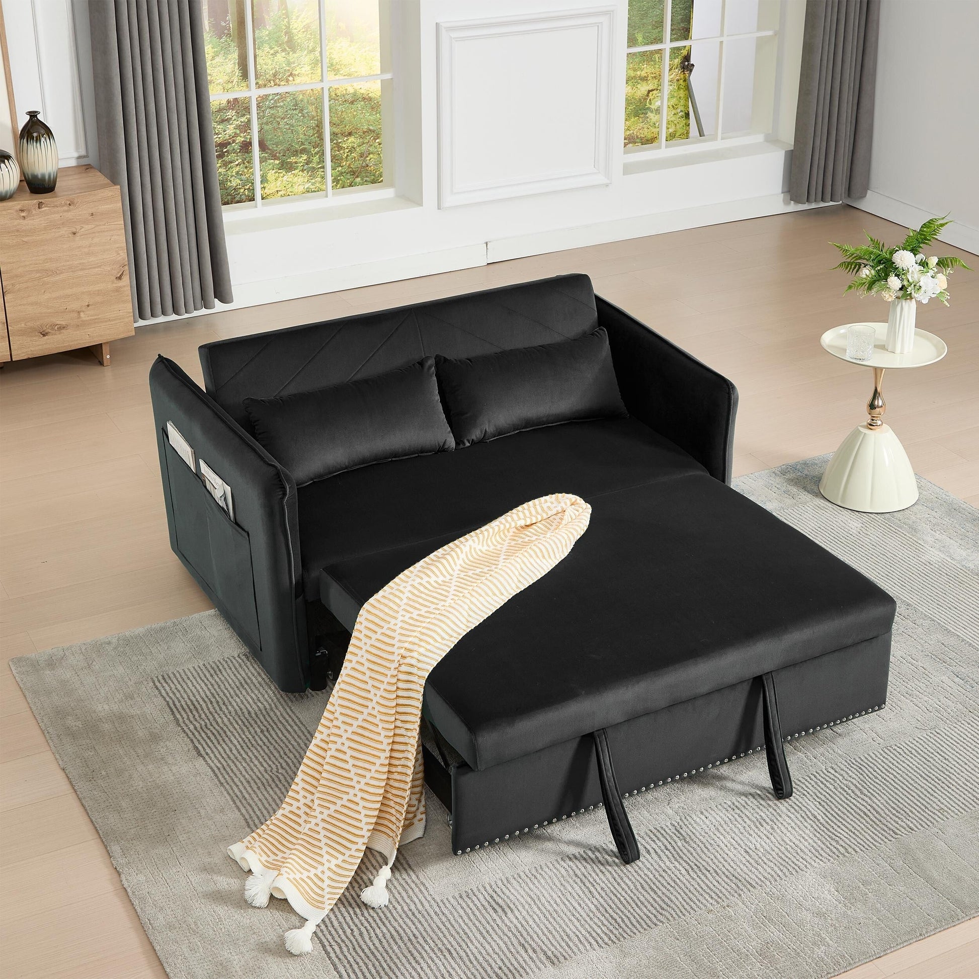 Canapé-lit futon 3-en-1 en velours de 55 pouces avec 2 coussins et poches inclinables