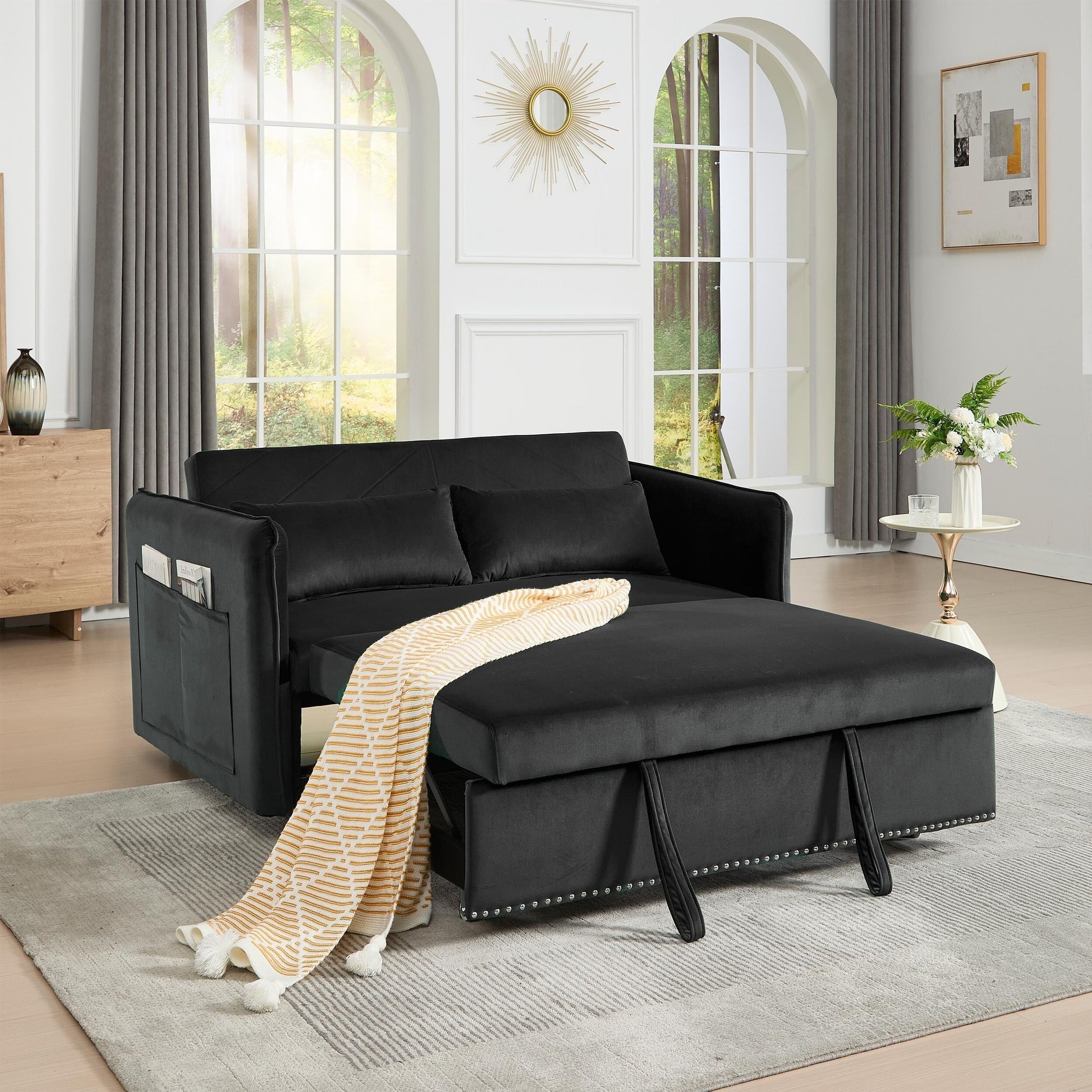 Canapé-lit futon 3-en-1 en velours de 55 pouces avec 2 coussins et poches inclinables