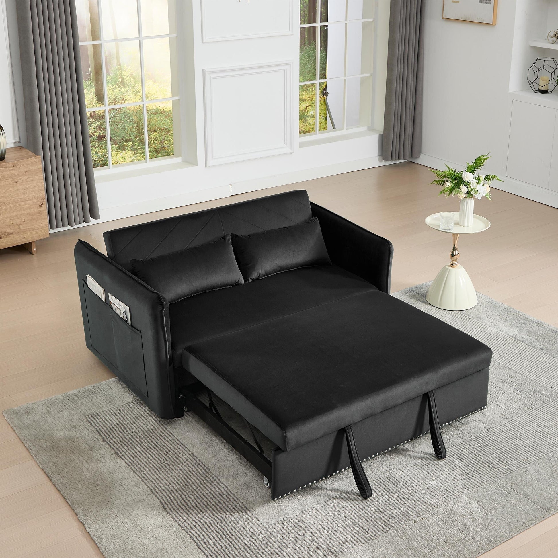 Canapé-lit futon 3-en-1 en velours de 55 pouces avec 2 coussins et poches inclinables