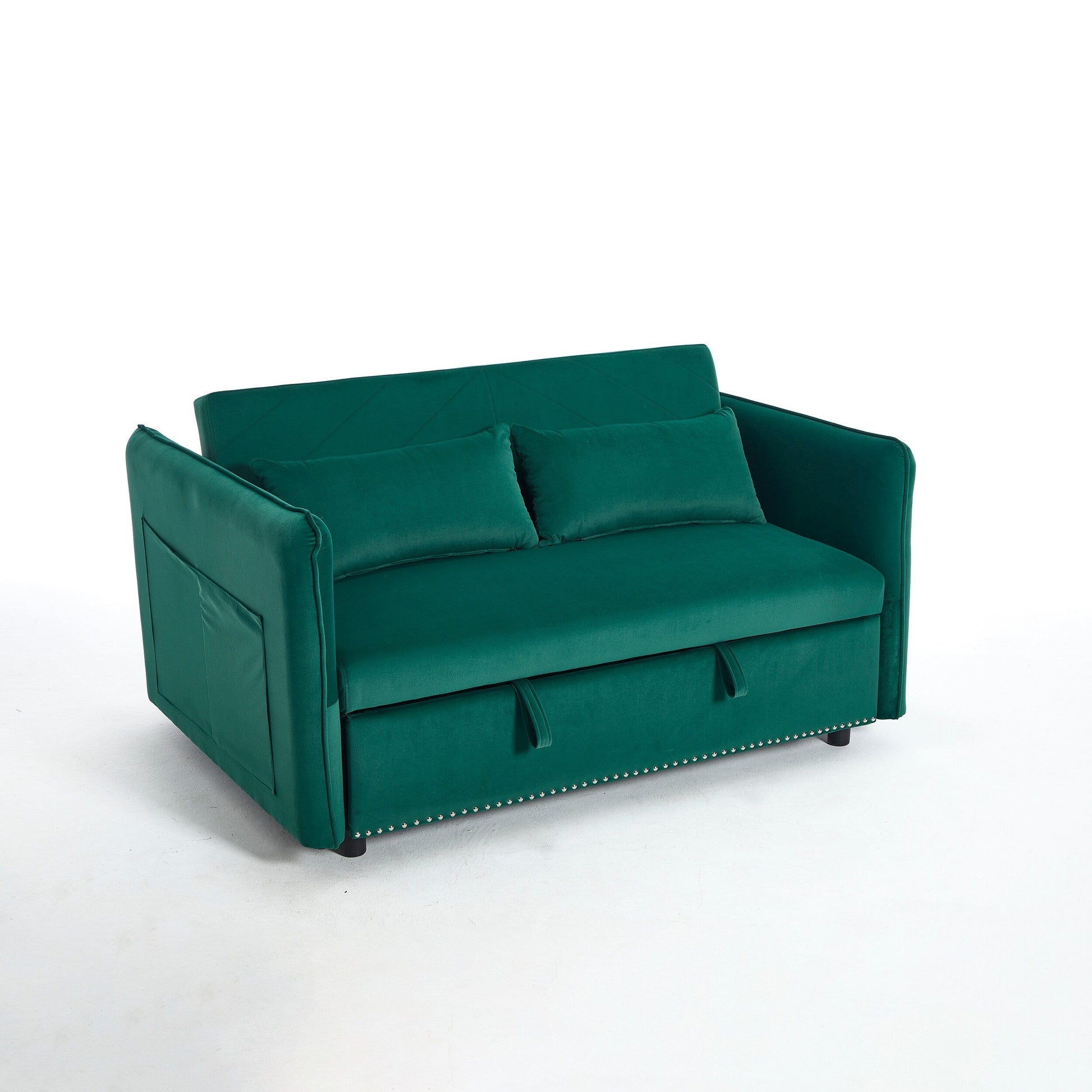 55 Velvet Convertible 3-in-1 Sleeper Sofa Bed with Reclining Backrest, Side Pockets, and 2 Pillows