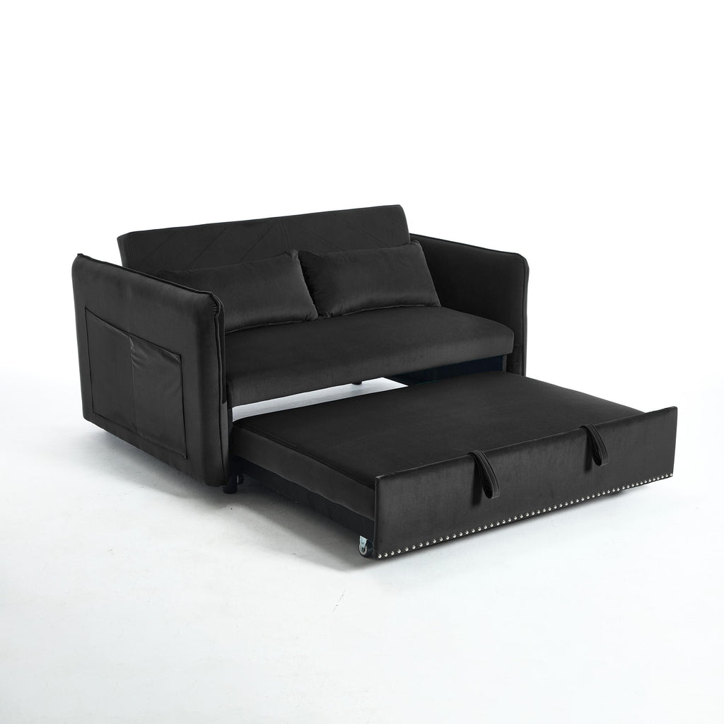 55 Velvet Convertible 3-in-1 Sleeper Sofa Bed with Reclining Backrest, Side Pockets, and 2 Pillows