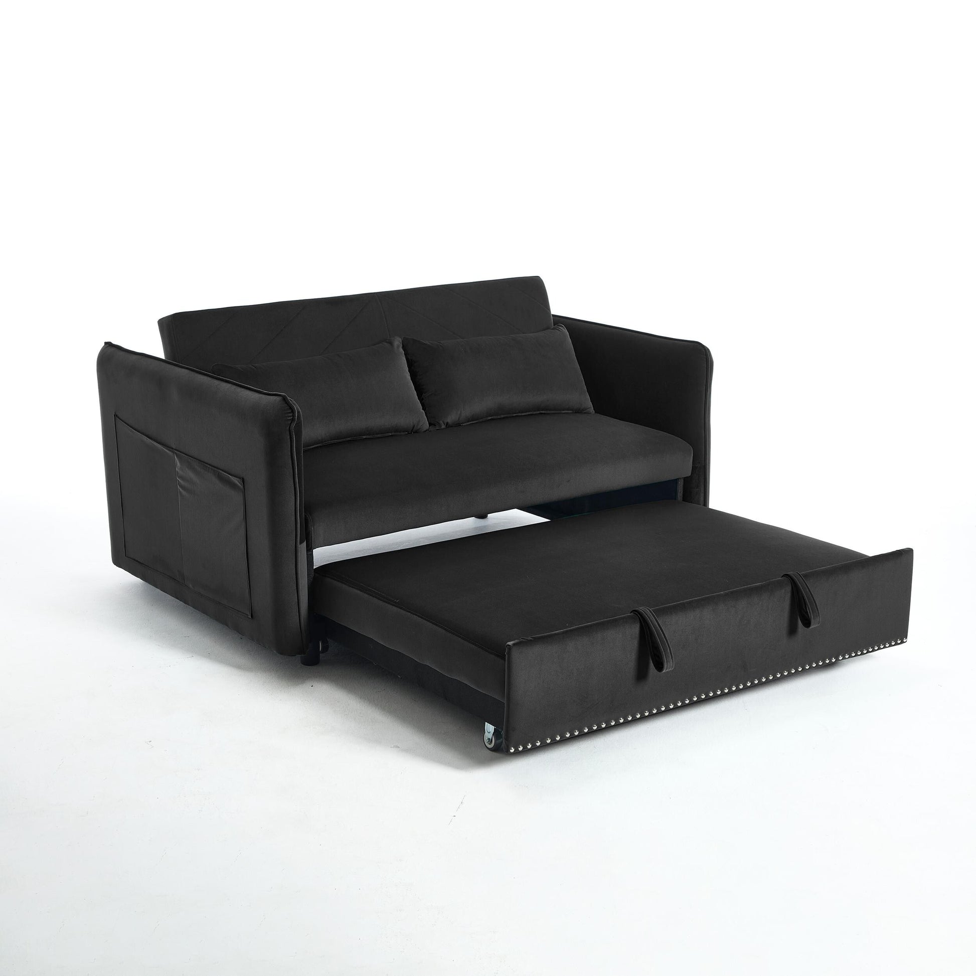 55 Velvet Convertible 3-in-1 Sleeper Sofa Bed with Reclining Backrest, Side Pockets, and 2 Pillows