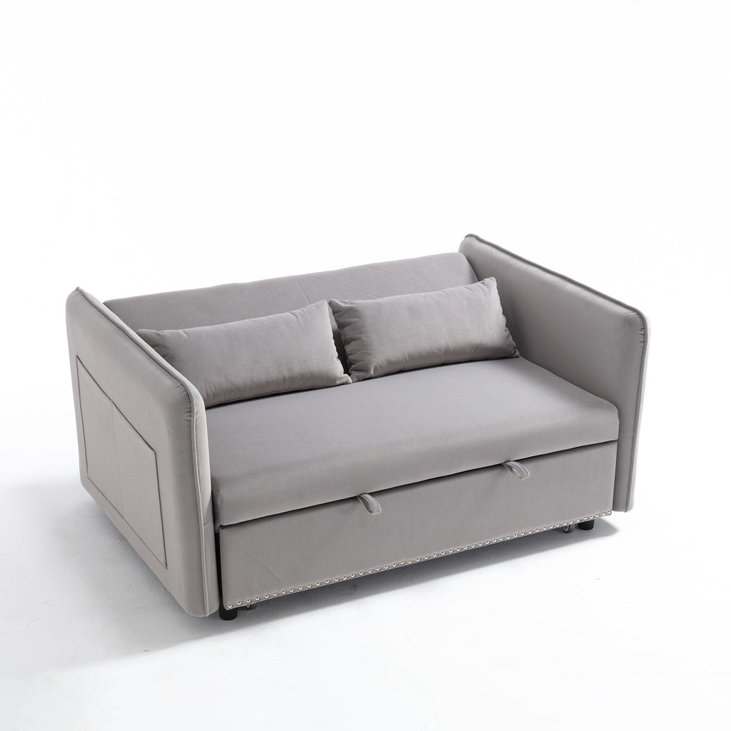 55 Velvet Convertible 3-in-1 Sleeper Sofa Bed with Reclining Backrest, Side Pockets, and 2 Pillows