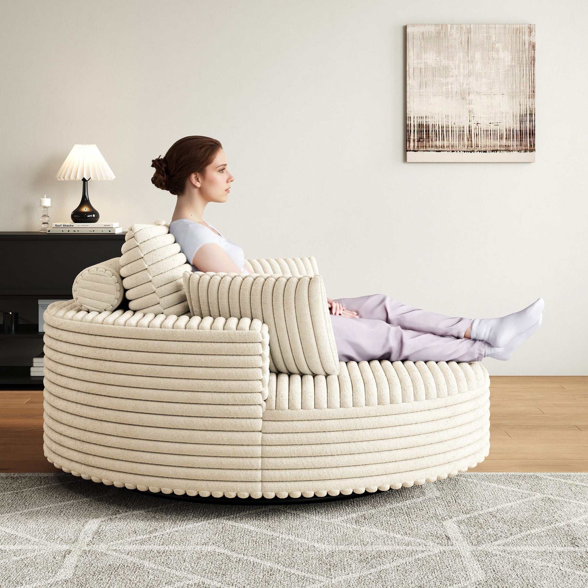 Fauteuil pivotant à une place en chenille cordroyée 55L, siège-lit moderne moelleux, fauteuil pivotant à 360 degrés, pour salon et salle de projection.