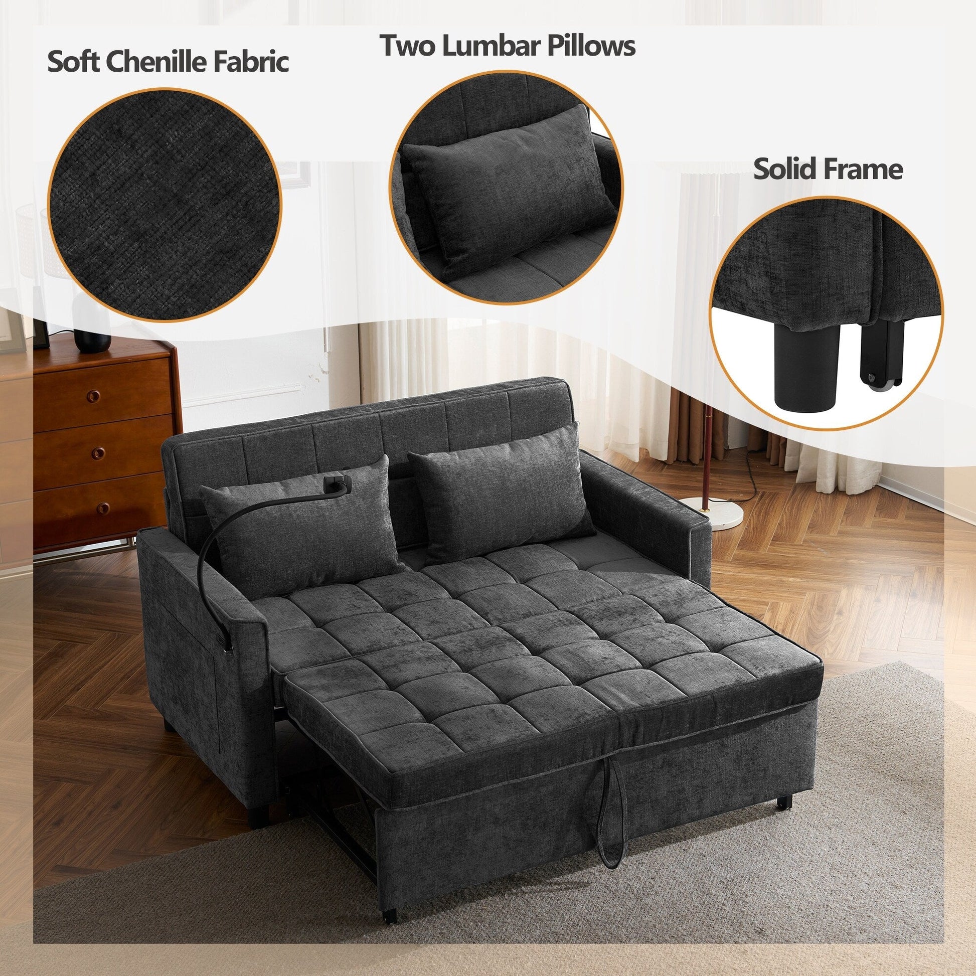 Canapé-lit convertible en chenille de 56,9 W avec ports USB