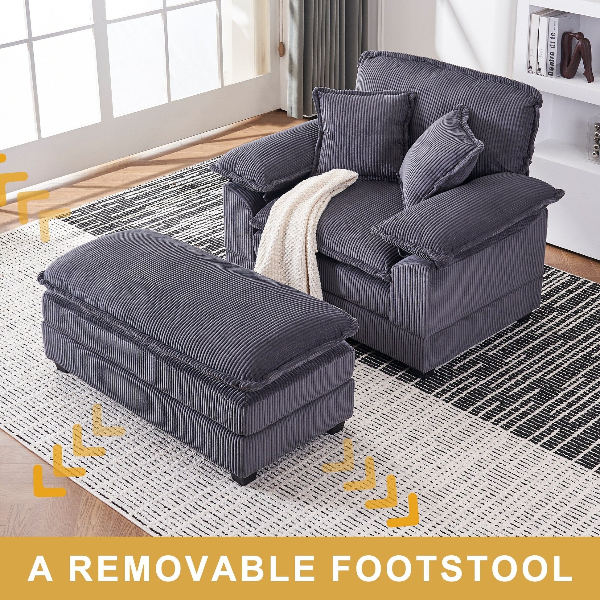 Fauteuil surdimensionné 56,9 W avec pouf, fauteuil de lecture pour chambre à coucher, canapé-lit paresseux, canapé-lit inclinable moderne surdimensionné pour une personne.