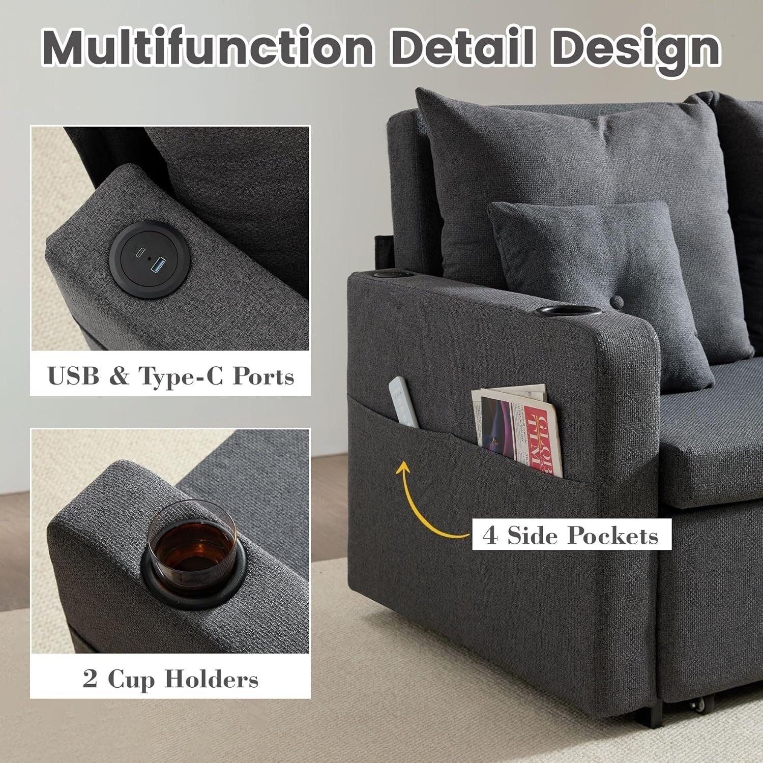 Canapé-lit convertible 3-en-1 de 56 pouces - Canapé-lit escamotable avec porte-gobelets et ports USB, canapé gris foncé pour salon