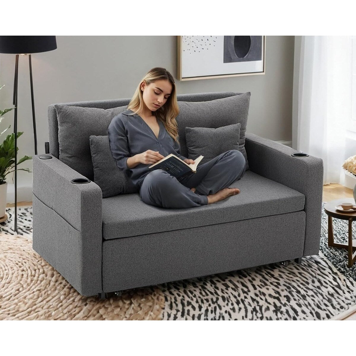 Canapé-lit convertible 3-en-1 de 56 pouces - Canapé-lit escamotable avec porte-gobelets et ports USB, canapé gris foncé pour salon