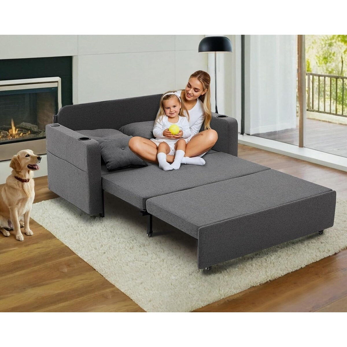 Canapé-lit convertible 3-en-1 de 56 pouces - Canapé-lit escamotable avec porte-gobelets et ports USB, canapé gris foncé pour salon