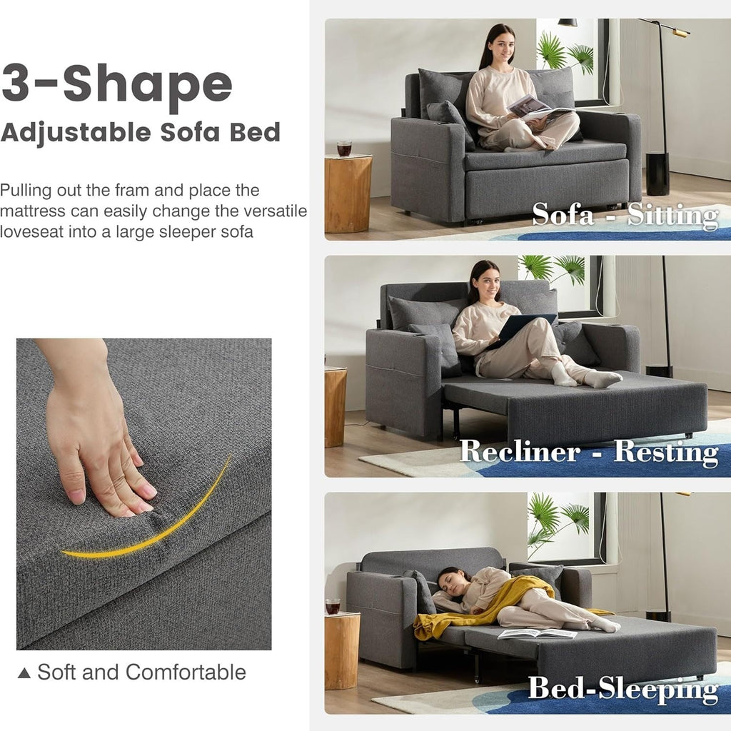 Canapé-lit convertible 3-en-1 de 56 pouces - Canapé-lit escamotable avec porte-gobelets et ports USB, canapé gris foncé pour salon