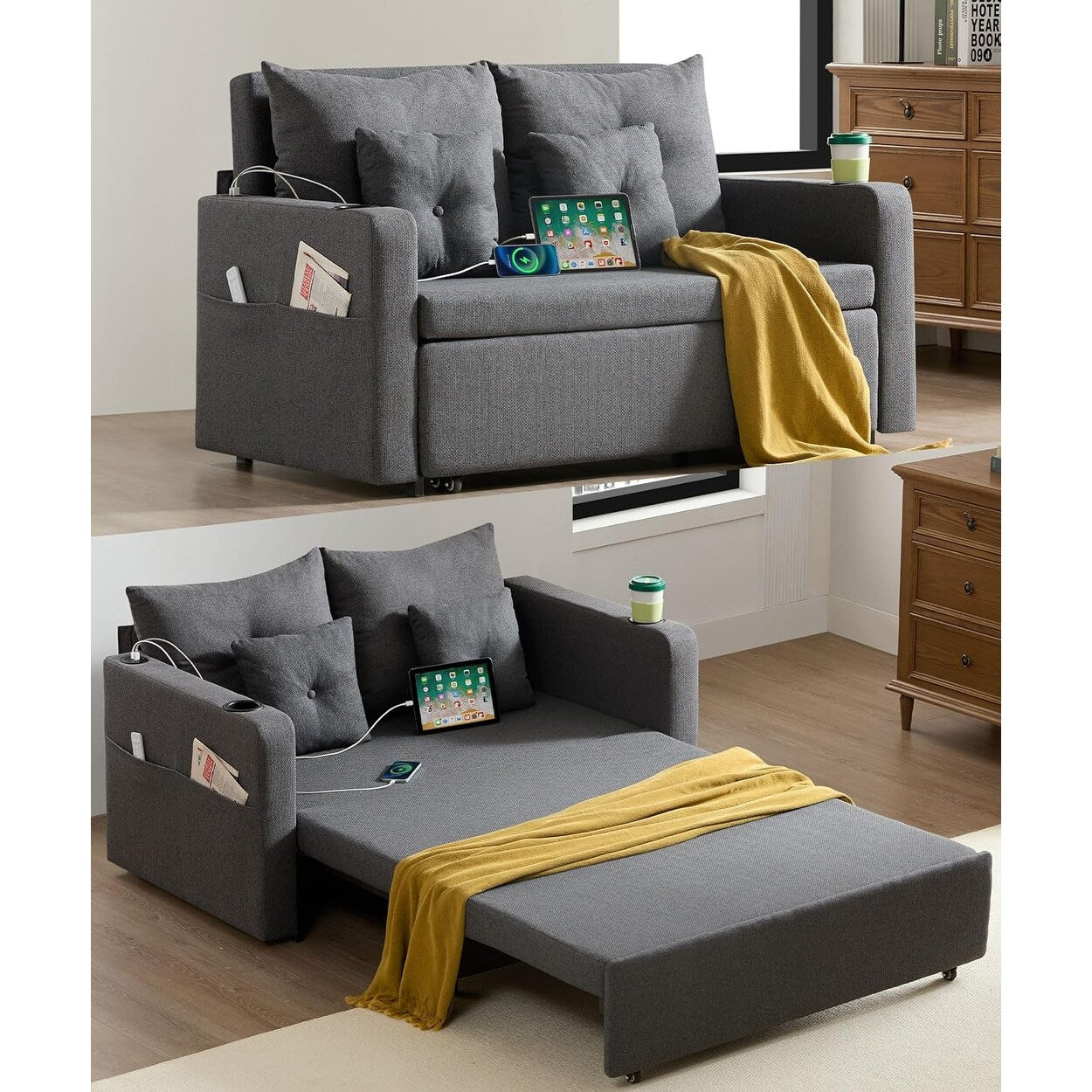 Canapé-lit convertible 3-en-1 de 56 pouces - Canapé-lit escamotable avec porte-gobelets et ports USB, canapé gris foncé pour salon