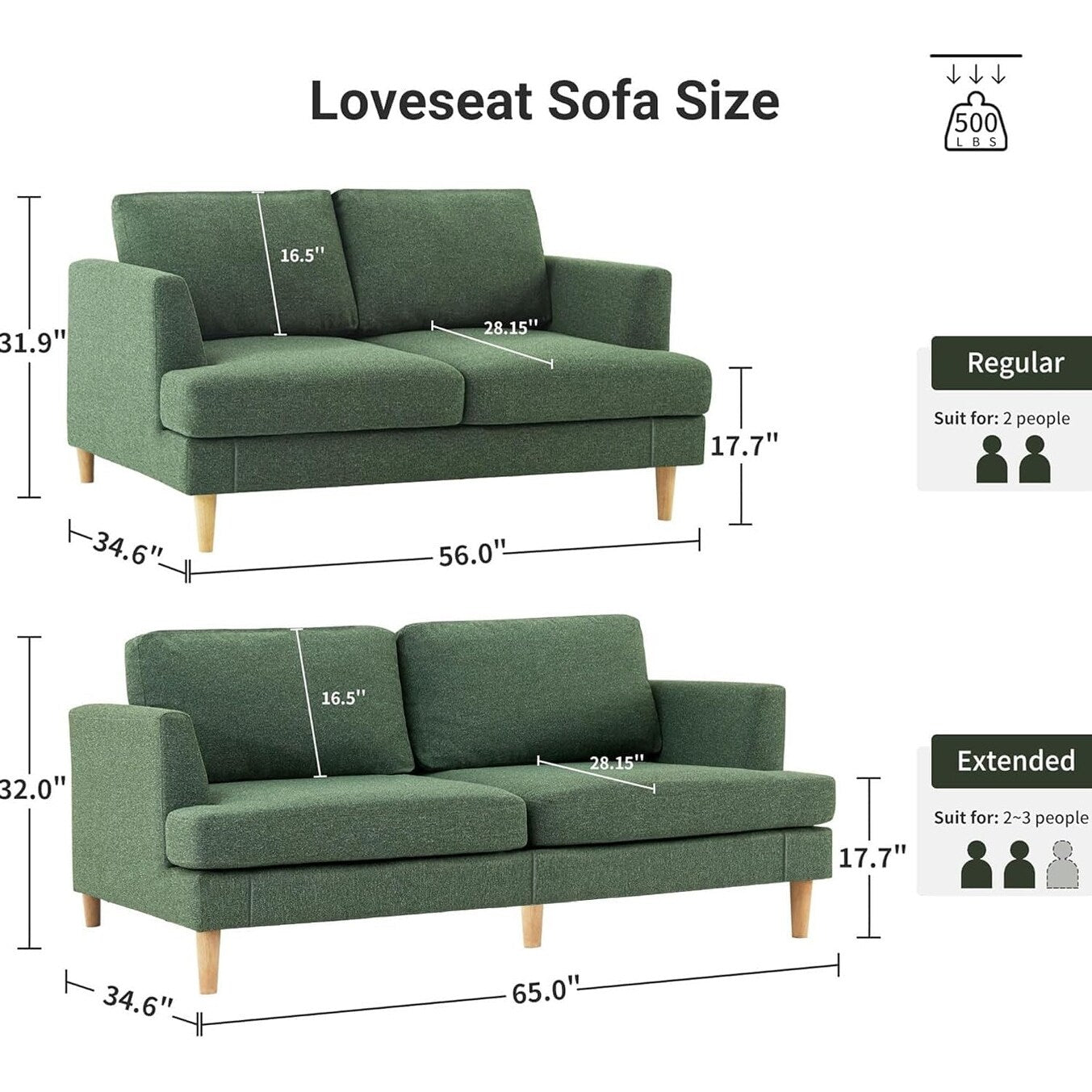 Canapé Loveseat 56 Mid Century - Canapé 2 places rembourré pour salon, chambre à coucher et appartement, design gain de place