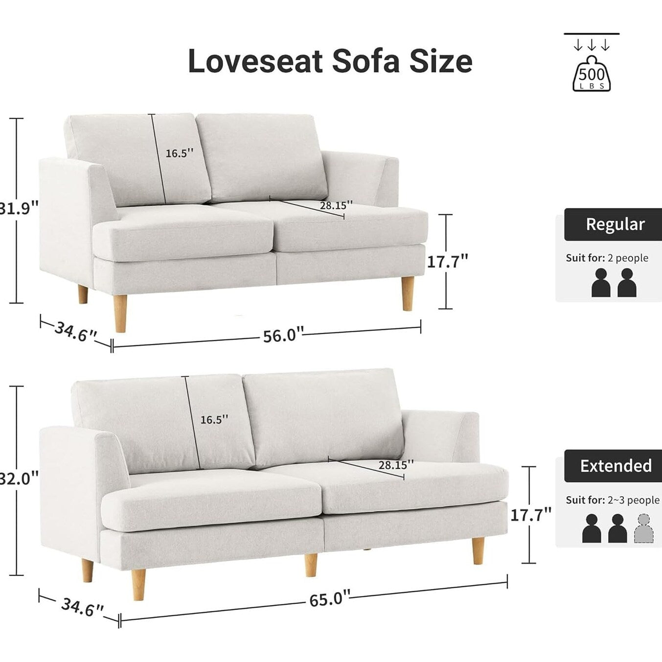 Canapé Loveseat 56 Mid Century - Canapé 2 places rembourré pour salon, chambre à coucher et appartement, design gain de place