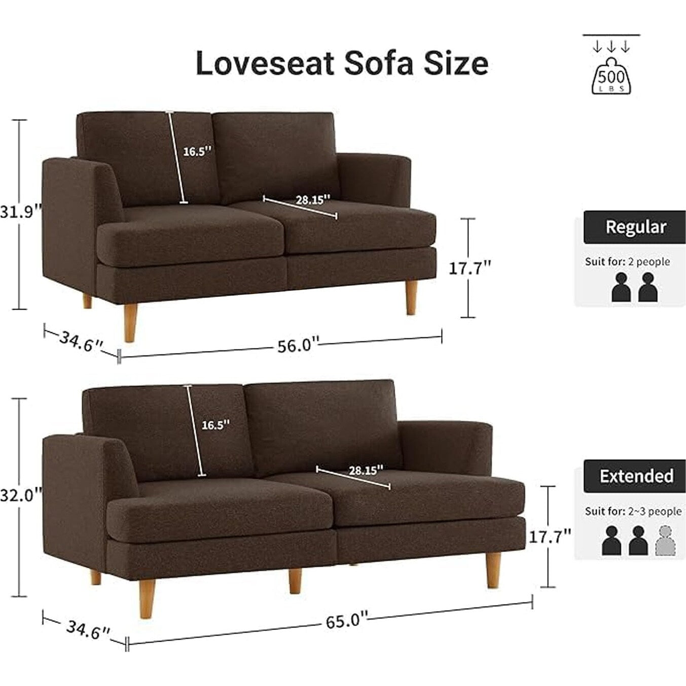 Canapé Loveseat 56 Mid Century - Canapé 2 places rembourré pour salon, chambre à coucher et appartement, design gain de place