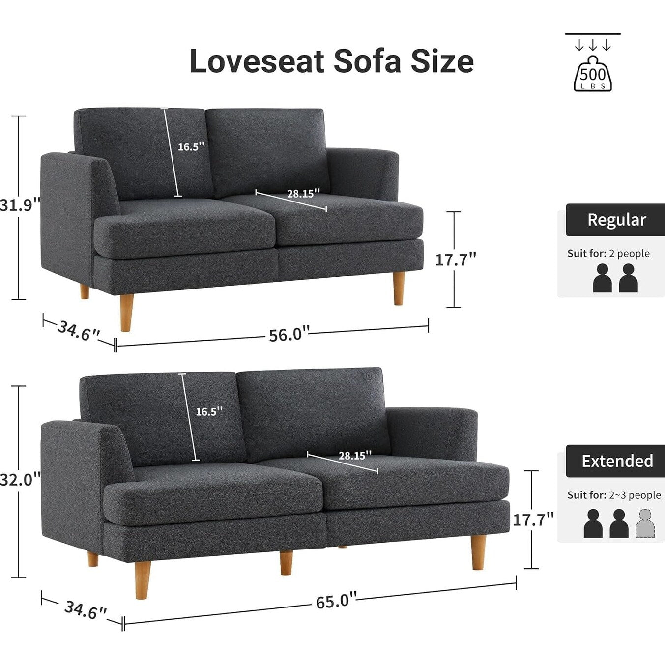 Canapé Loveseat 56 Mid Century - Canapé 2 places rembourré pour salon, chambre à coucher et appartement, design gain de place