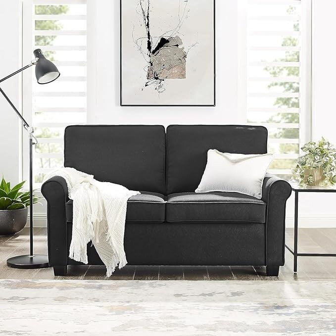 Canapé 2 places avec accoudoirs roulottés en lin, pieds en plastique et matelas en mousse à mémoire de forme, 57,1 pouces, pour salon.