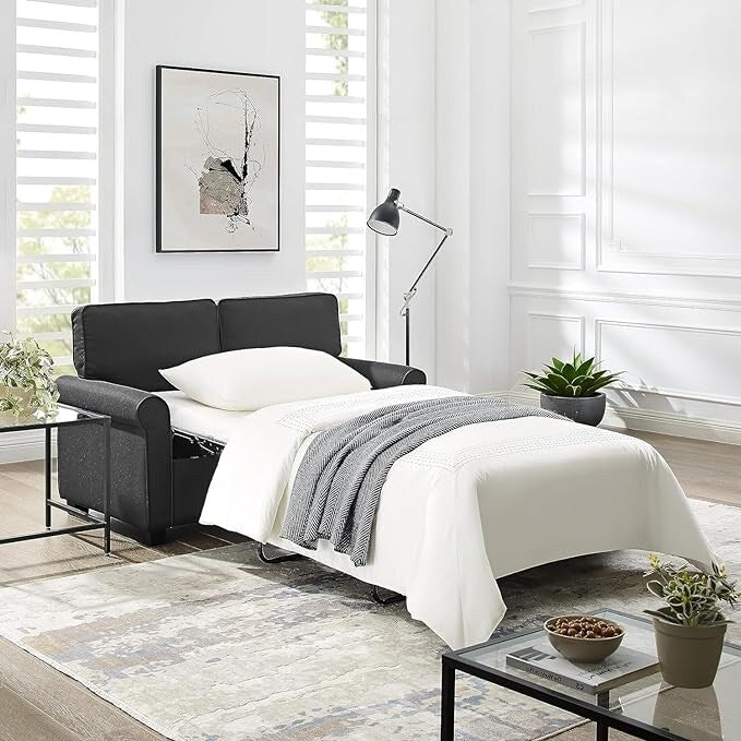 Canapé 2 places avec accoudoirs roulottés en lin, pieds en plastique et matelas en mousse à mémoire de forme, 57,1 pouces, pour salon.