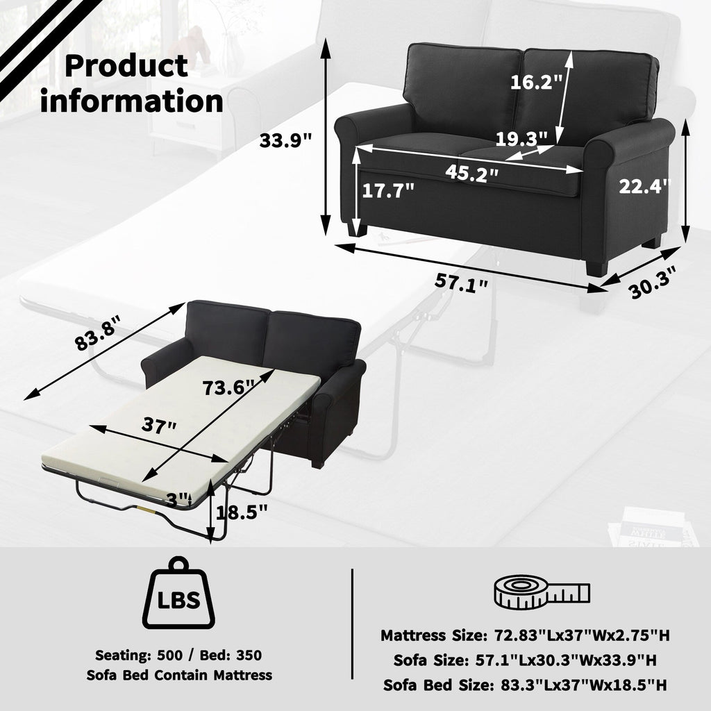 Canapé 2 places avec accoudoirs roulottés en lin, pieds en plastique et matelas en mousse à mémoire de forme, 57,1 pouces, pour salon.