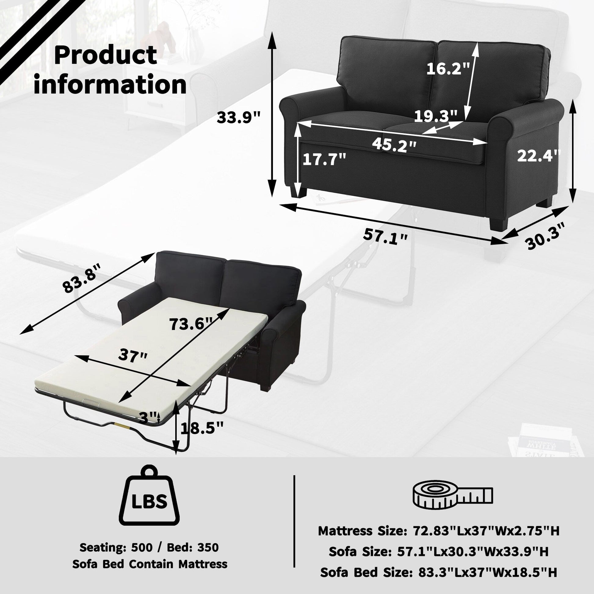 Canapé 2 places avec accoudoirs roulottés en lin, pieds en plastique et matelas en mousse à mémoire de forme, 57,1 pouces, pour salon.