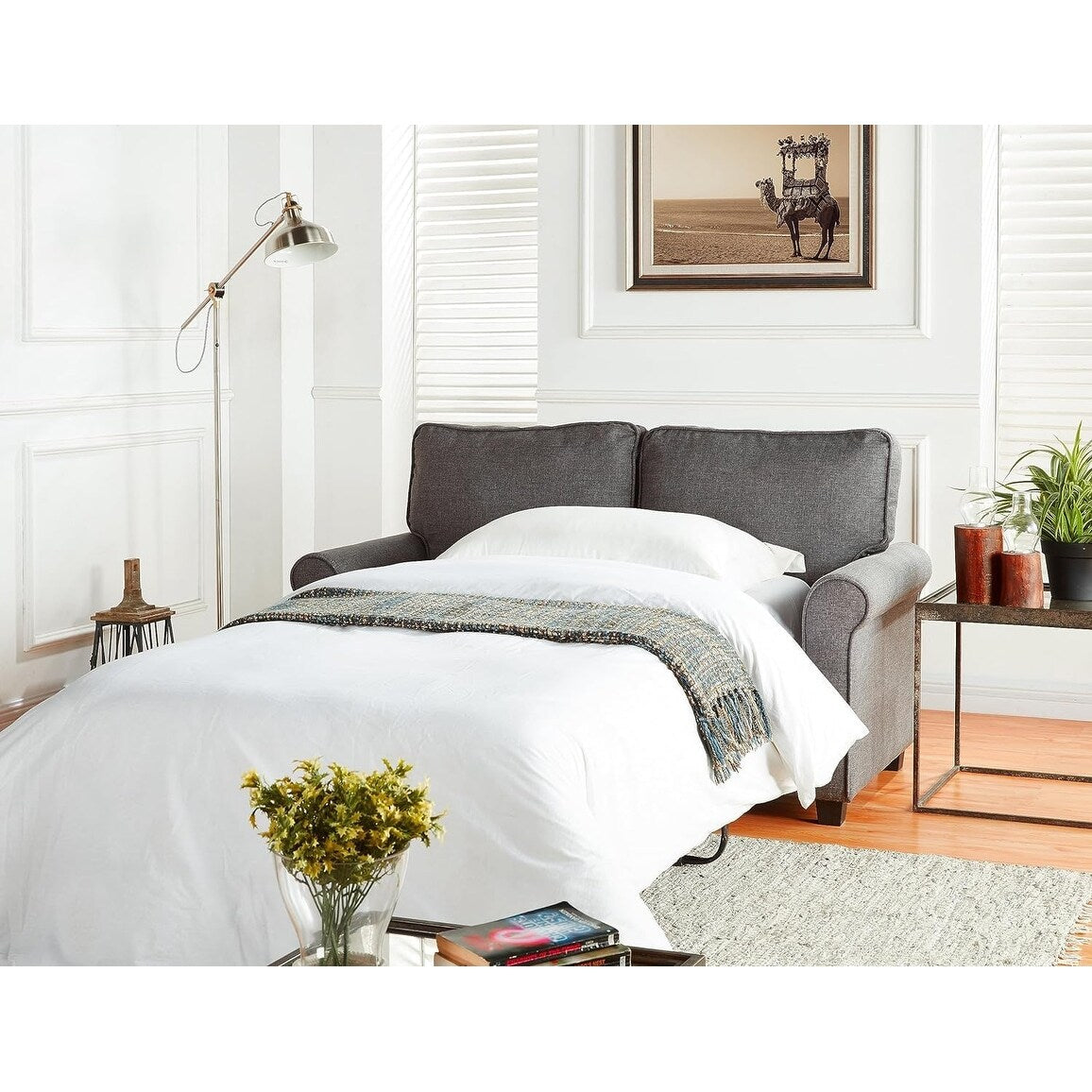 Canapé 2 places avec accoudoirs roulottés en lin, pieds en plastique et matelas en mousse à mémoire de forme, 57,1 pouces, pour salon.