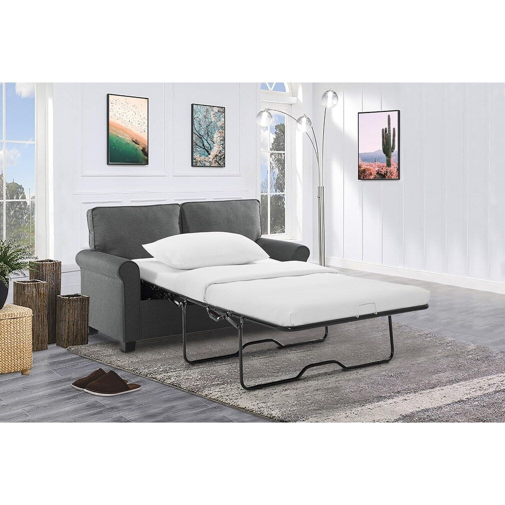 Canapé 2 places avec accoudoirs roulottés en lin, pieds en plastique et matelas en mousse à mémoire de forme, 57,1 pouces, pour salon.