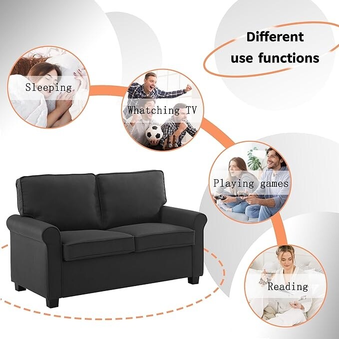 Canapé 2 places avec accoudoirs roulottés en lin, pieds en plastique et matelas en mousse à mémoire de forme, 57,1 pouces, pour salon.