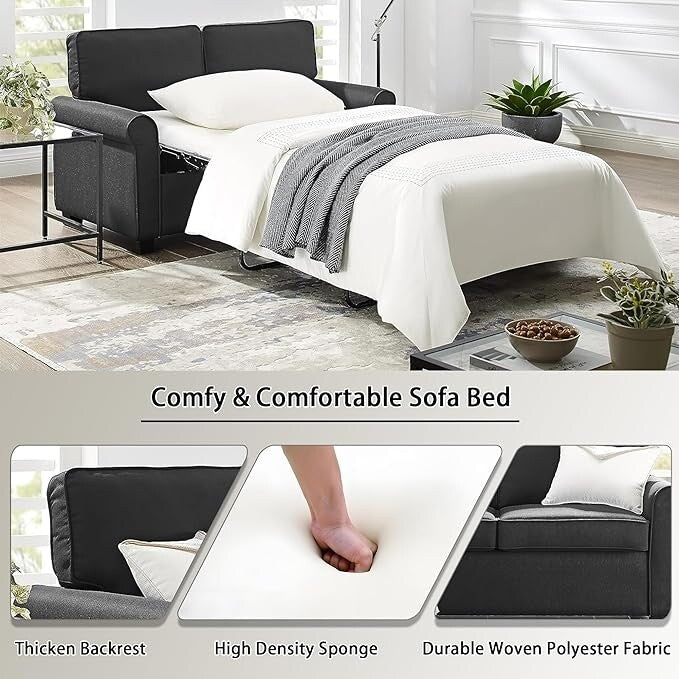 Canapé 2 places avec accoudoirs roulottés en lin, pieds en plastique et matelas en mousse à mémoire de forme, 57,1 pouces, pour salon.