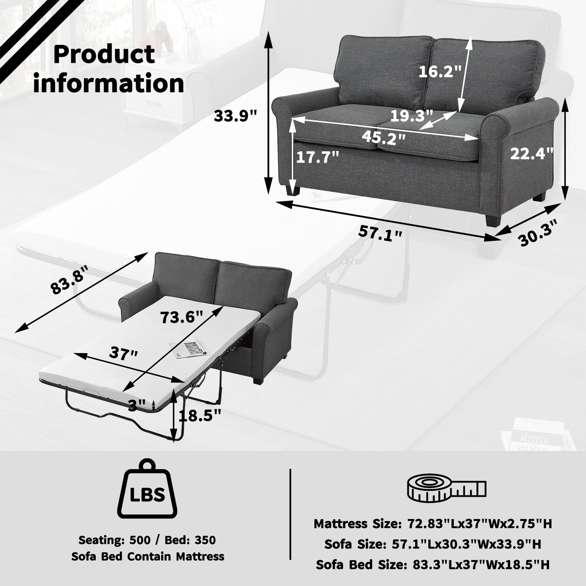 Canapé 2 places avec accoudoirs roulottés en lin, pieds en plastique et matelas en mousse à mémoire de forme, 57,1 pouces, pour salon.