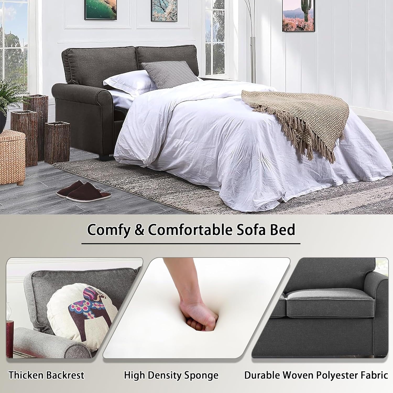 Canapé 2 places avec accoudoirs roulottés en lin, pieds en plastique et matelas en mousse à mémoire de forme, 57,1 pouces, pour salon.