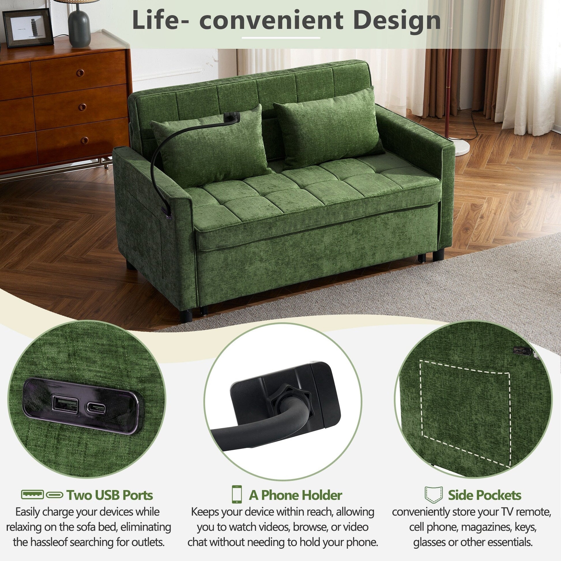 Canapé-lit convertible 57 pouces - Canapé-lit gain de place avec hub de recharge USB, dossier réversible et solutions de rangement intelligentes