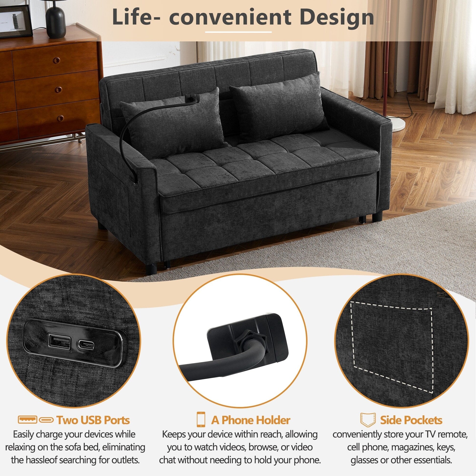 Canapé-lit convertible 57 pouces - Canapé-lit gain de place avec hub de recharge USB, dossier réversible et solutions de rangement intelligentes