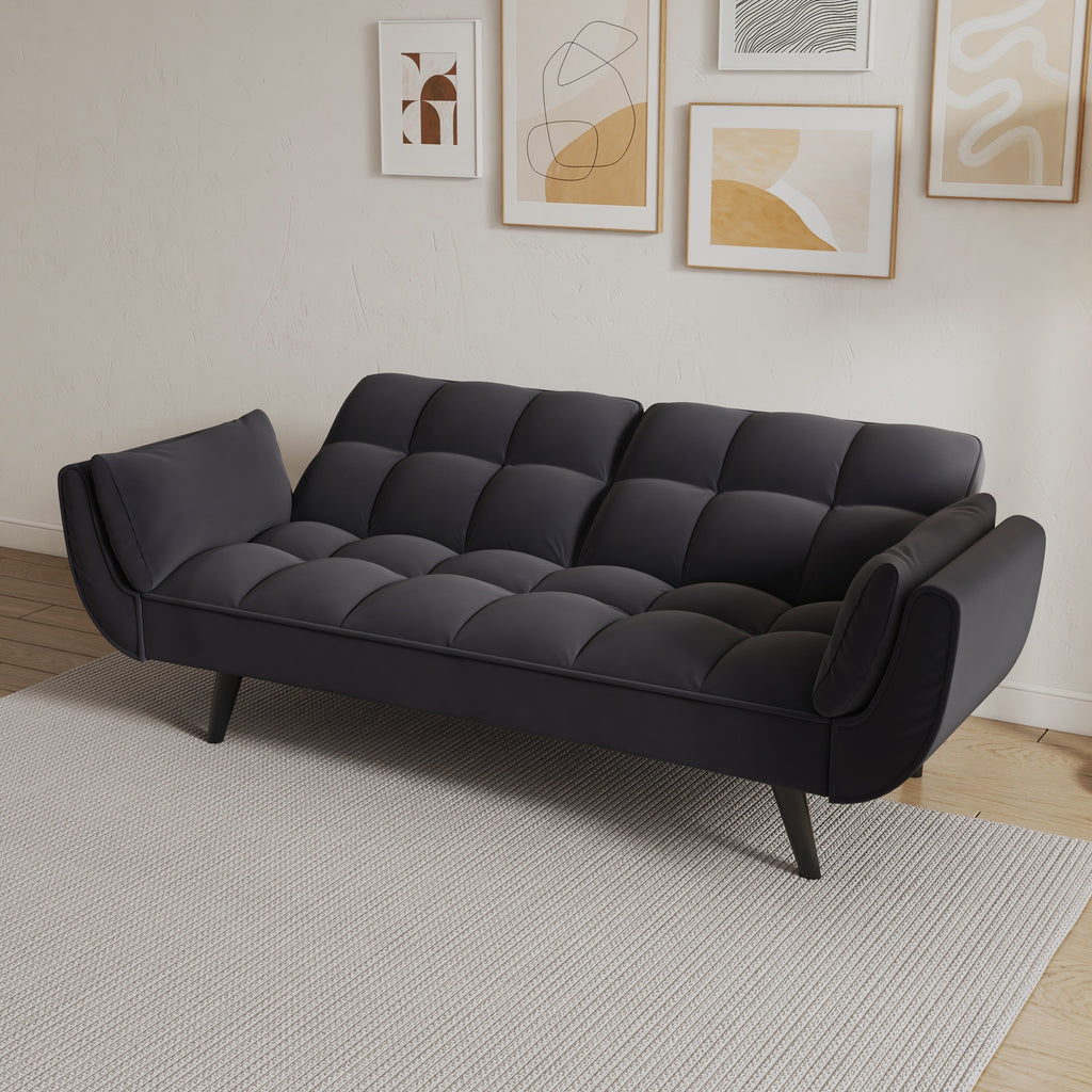 Canapé convertible 2 places en velours 57 avec dossier et accoudoirs réglables, idéal pour les petits espaces.