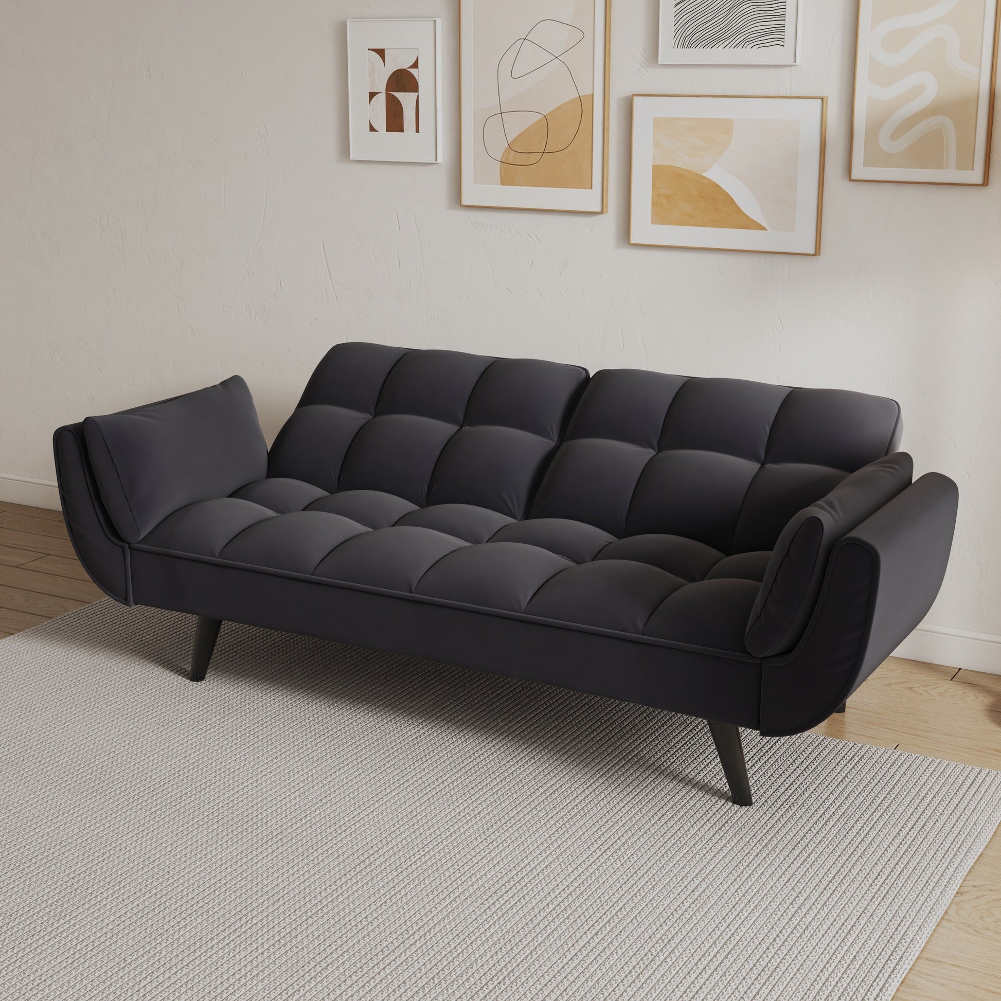 Canapé convertible 2 places en velours 57 avec dossier et accoudoirs réglables, idéal pour les petits espaces.