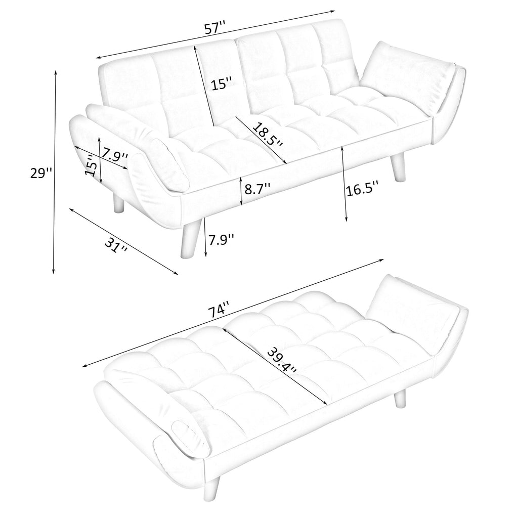 Canapé convertible 2 places en velours 57 avec dossier et accoudoirs réglables, idéal pour les petits espaces.