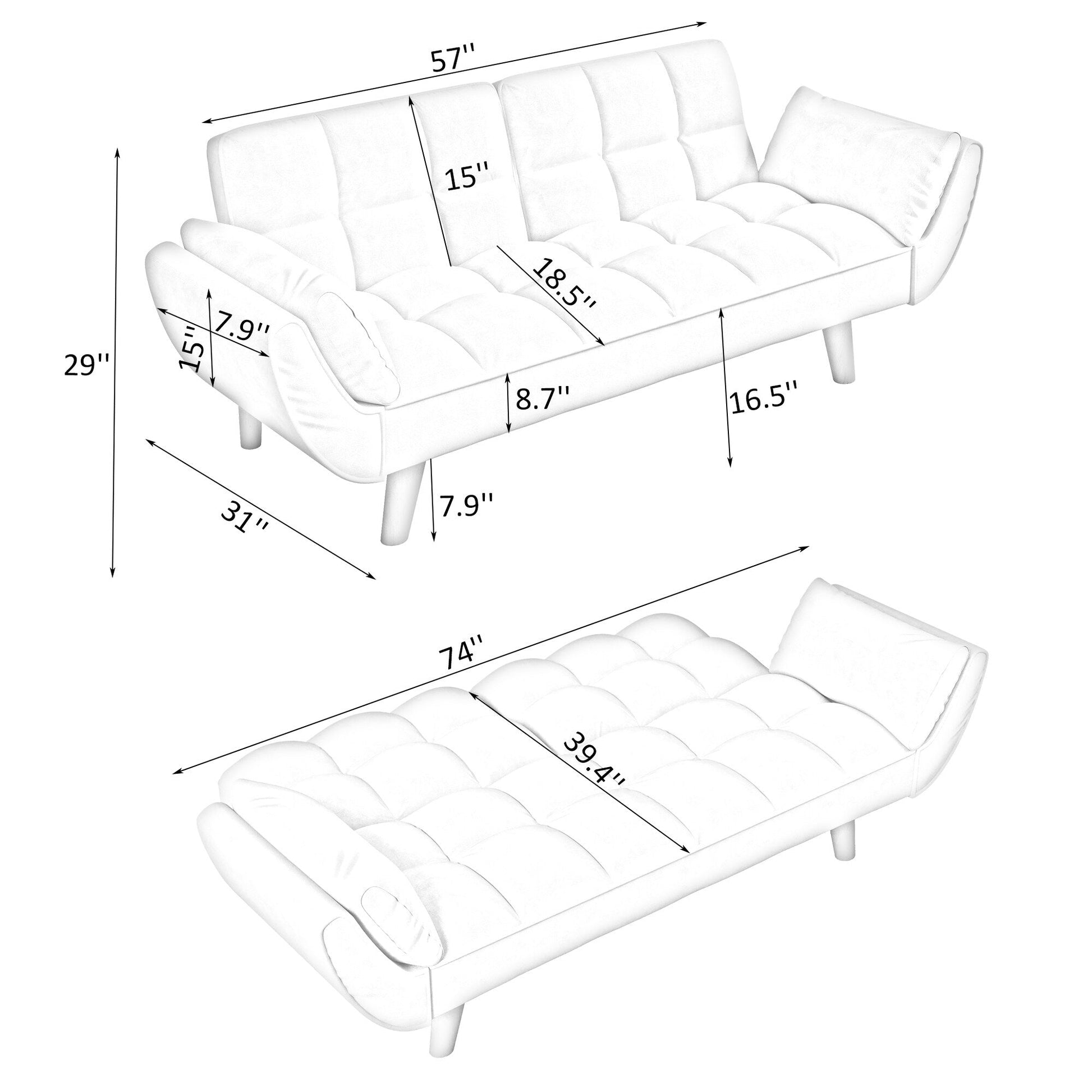 Canapé convertible 2 places en velours 57 avec dossier et accoudoirs réglables, idéal pour les petits espaces.