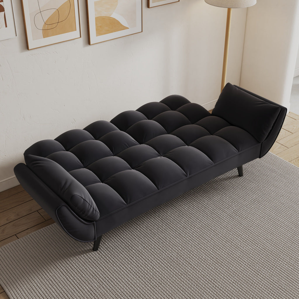 Canapé convertible 2 places en velours 57 avec dossier et accoudoirs réglables, idéal pour les petits espaces.