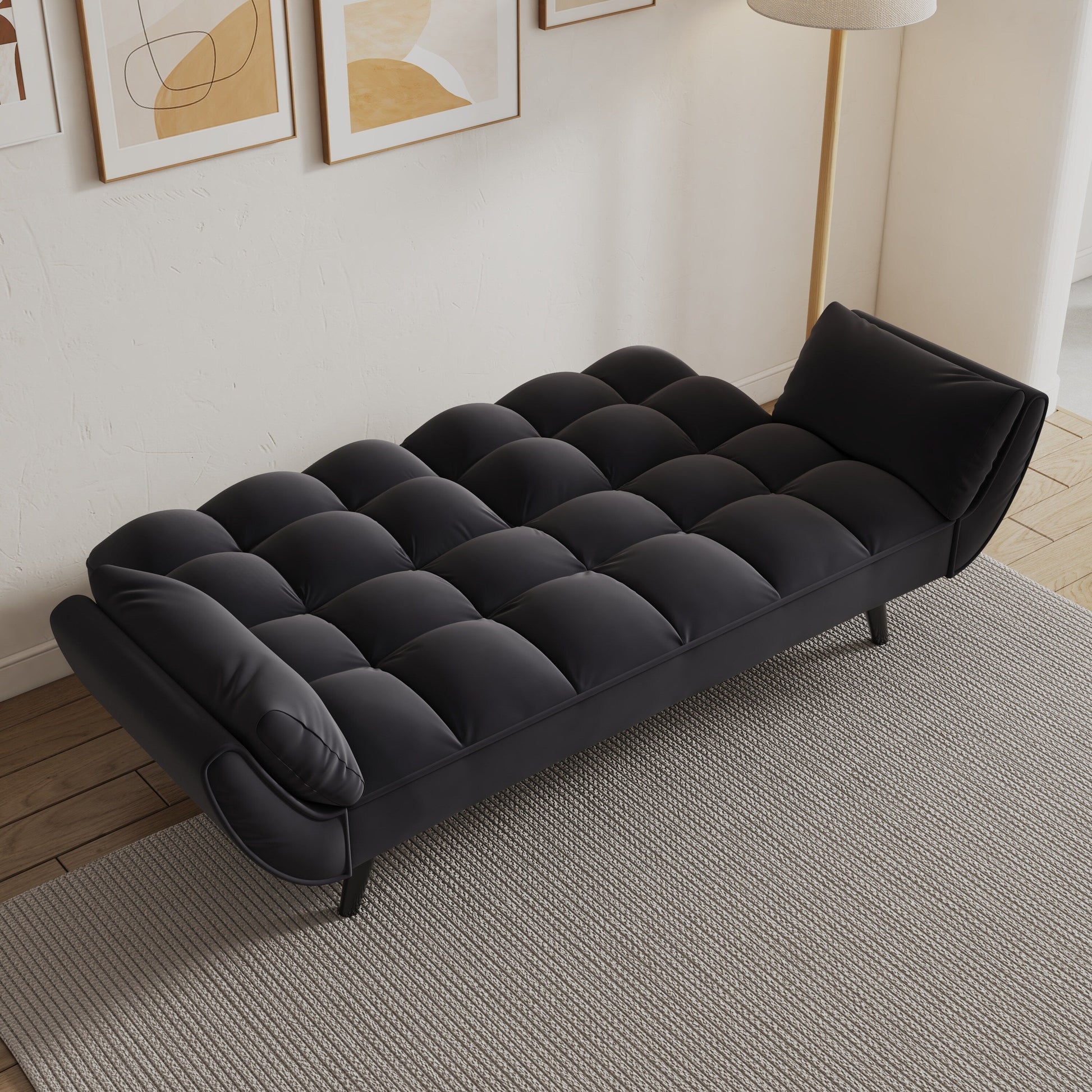 Canapé convertible 2 places en velours 57 avec dossier et accoudoirs réglables, idéal pour les petits espaces.