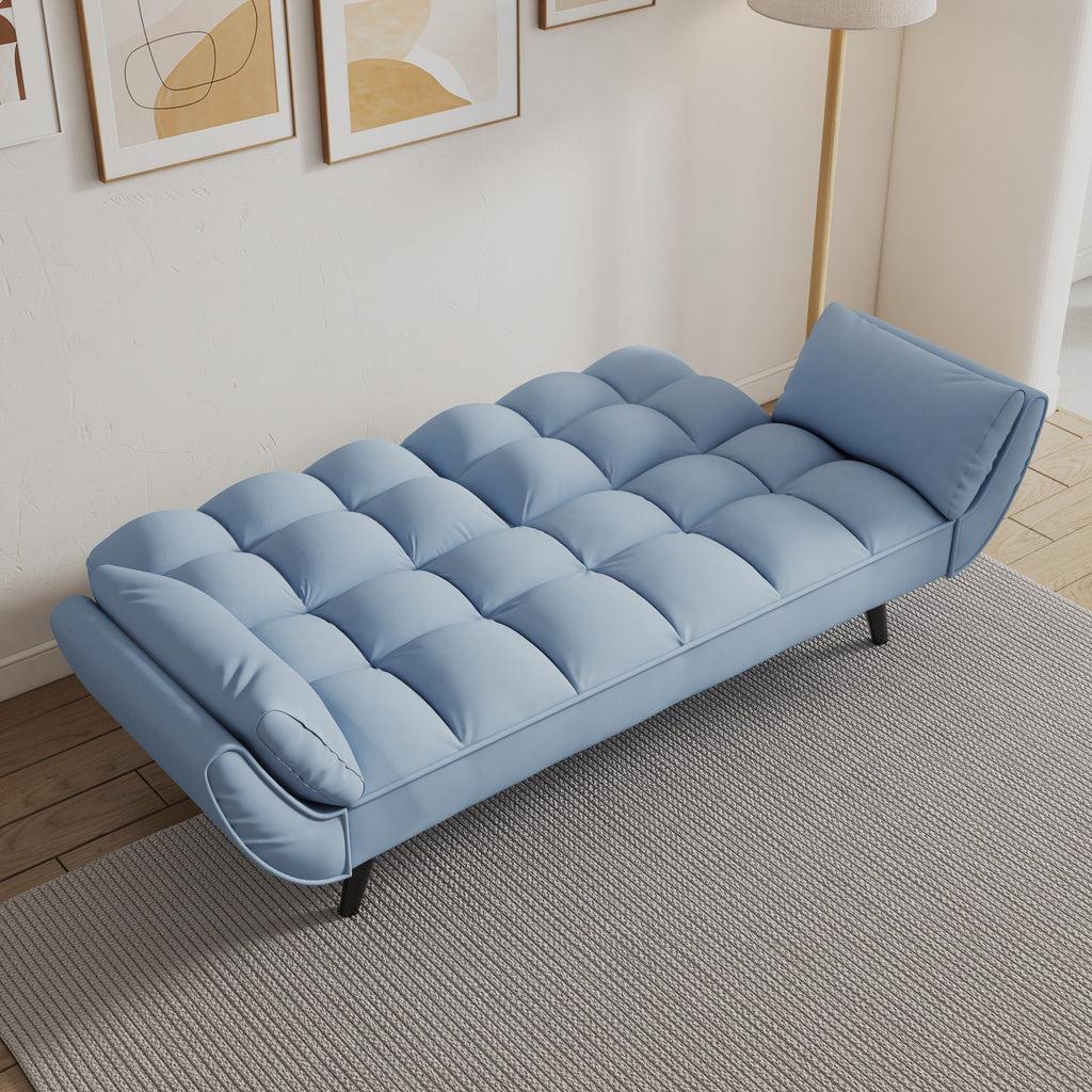 Canapé convertible 2 places en velours 57 avec dossier et accoudoirs réglables, idéal pour les petits espaces.