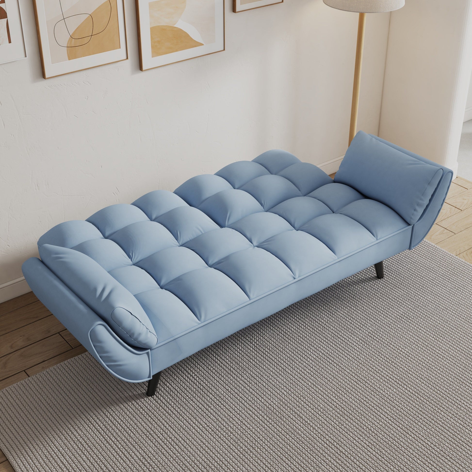 Canapé convertible 2 places en velours 57 avec dossier et accoudoirs réglables, idéal pour les petits espaces.
