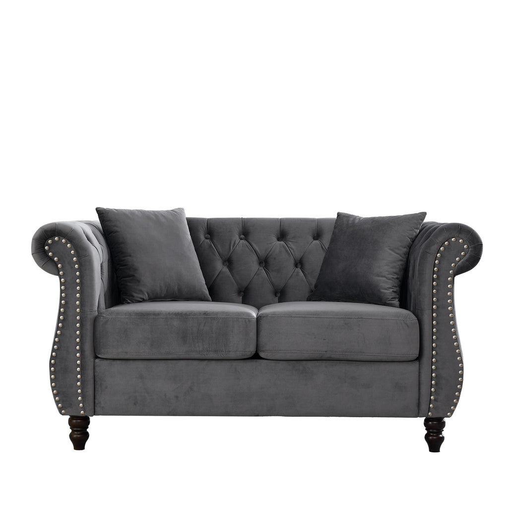 58.8 Velvet Chesterfield 2-Seater Sofa with Rolled Arms, Nailhead Trim, and 2 Pillows