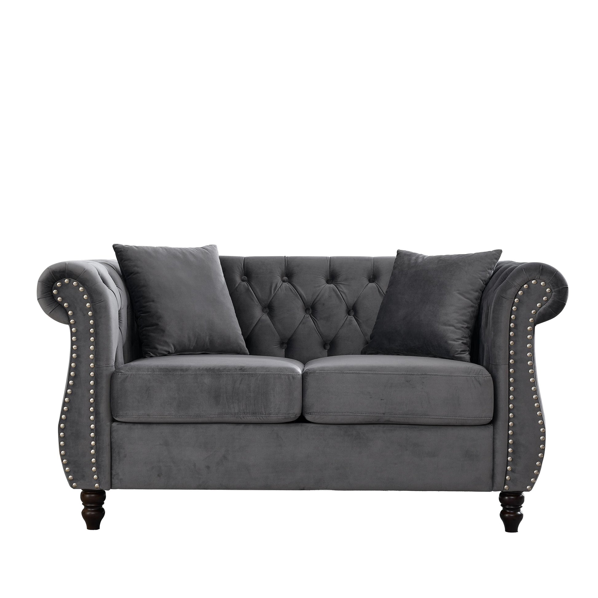 58.8 Velvet Chesterfield 2-Seater Sofa with Rolled Arms, Nailhead Trim, and 2 Pillows