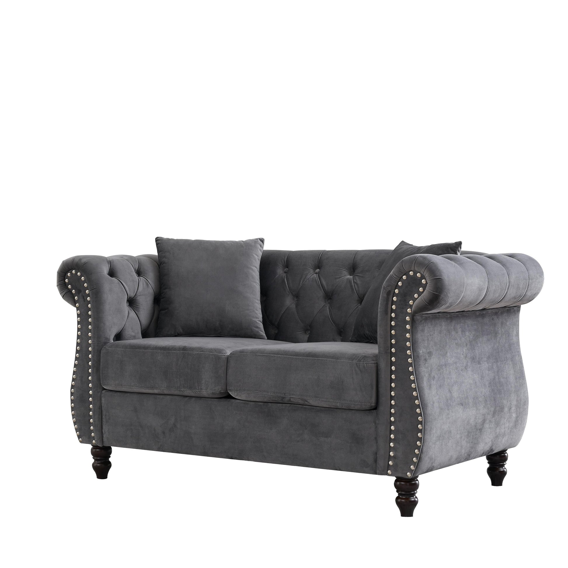 58.8 Velvet Chesterfield 2-Seater Sofa with Rolled Arms, Nailhead Trim, and 2 Pillows