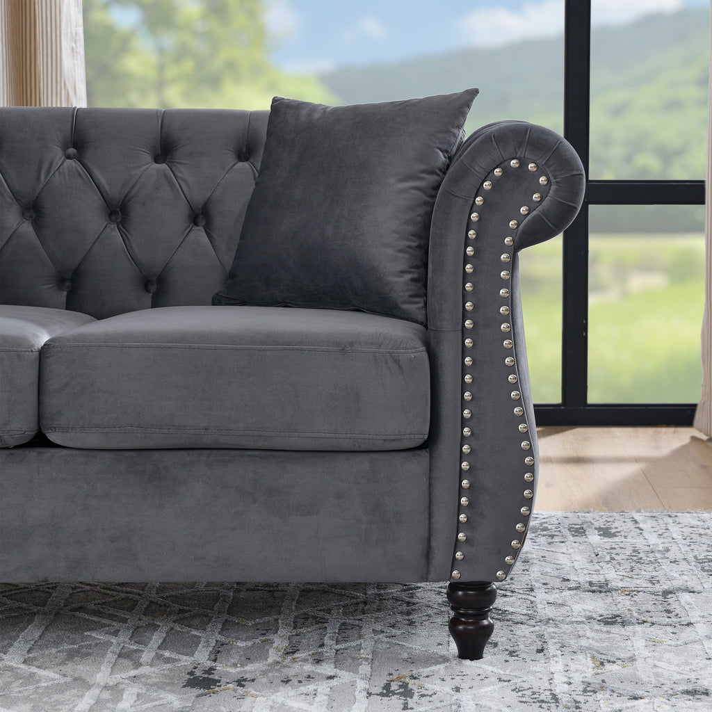 58.8 Velvet Chesterfield 2-Seater Sofa with Rolled Arms, Nailhead Trim, and 2 Pillows