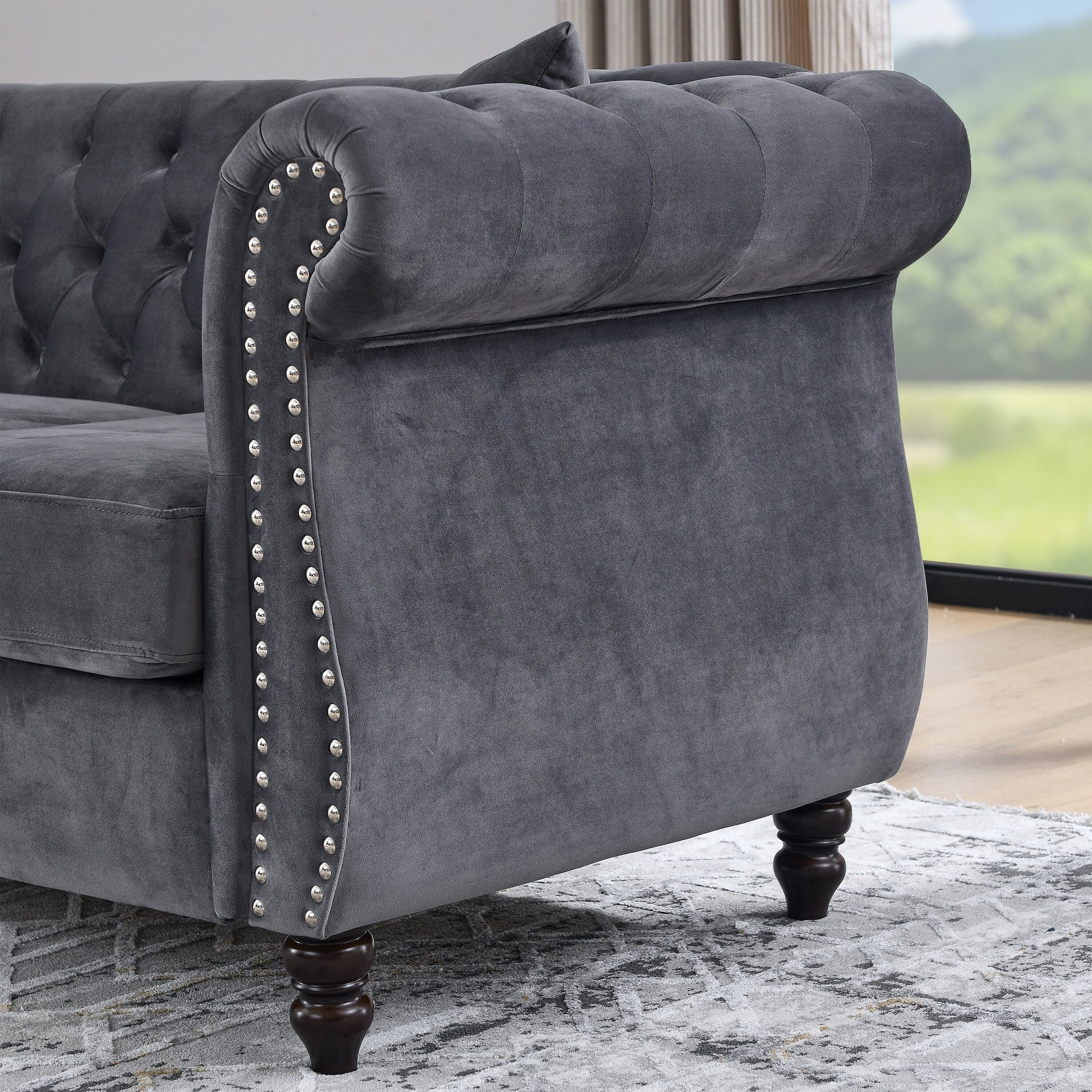 58.8 Velvet Chesterfield 2-Seater Sofa with Rolled Arms, Nailhead Trim, and 2 Pillows