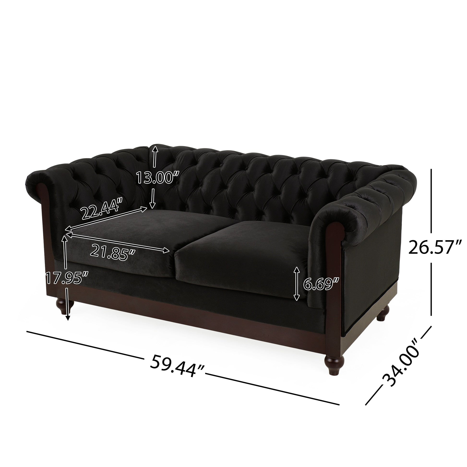 59.44 Velvet Chesterfield Loveseat Sofa with Rolled Arms, Tufted Backrest and 600LB Capacity